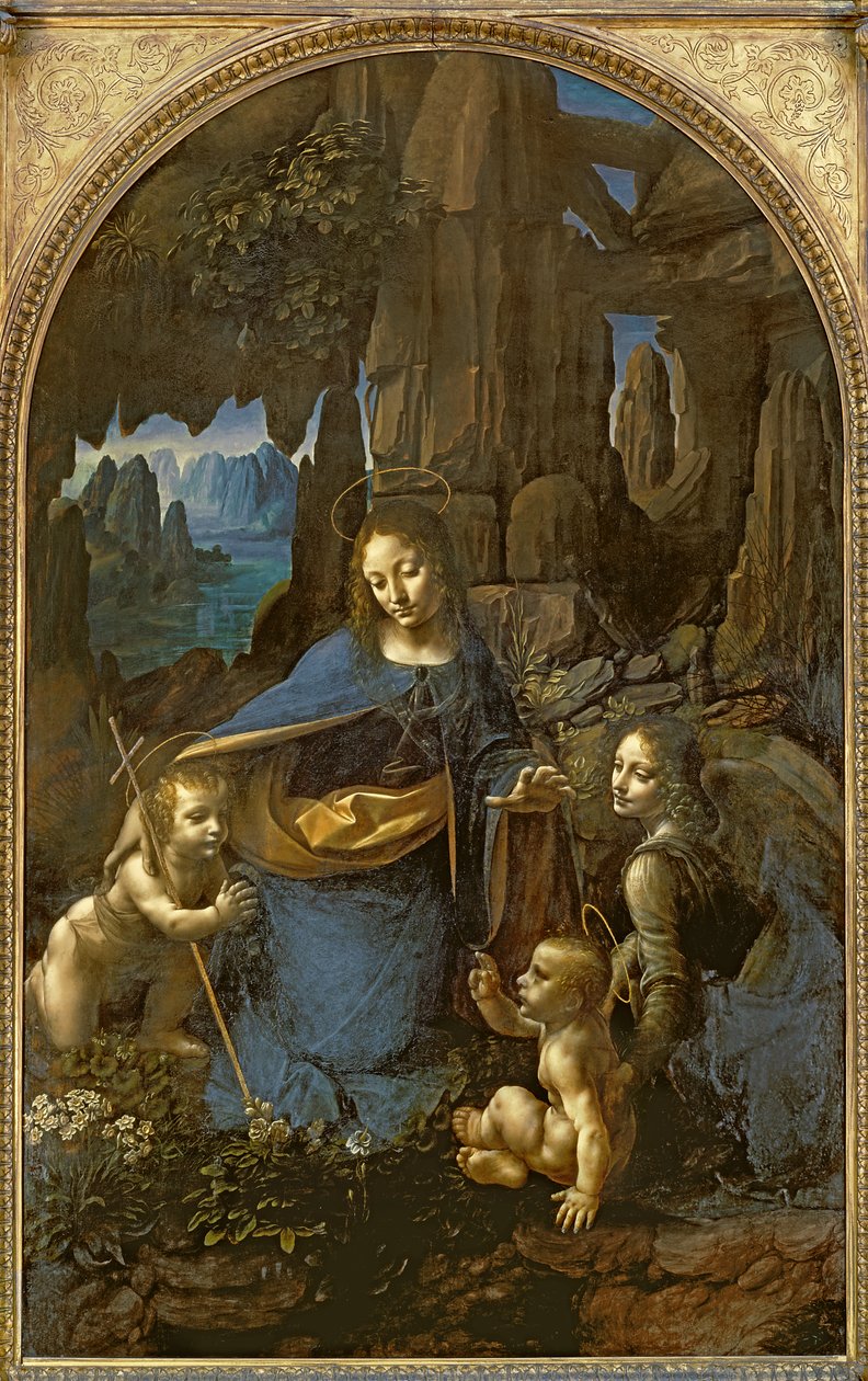 Panna ze skal (s Jezulátkem sv. Janem klanícím se Kristu v doprovodu anděla), kolem 1508 (olej na desce) od Leonardo da Vinci
