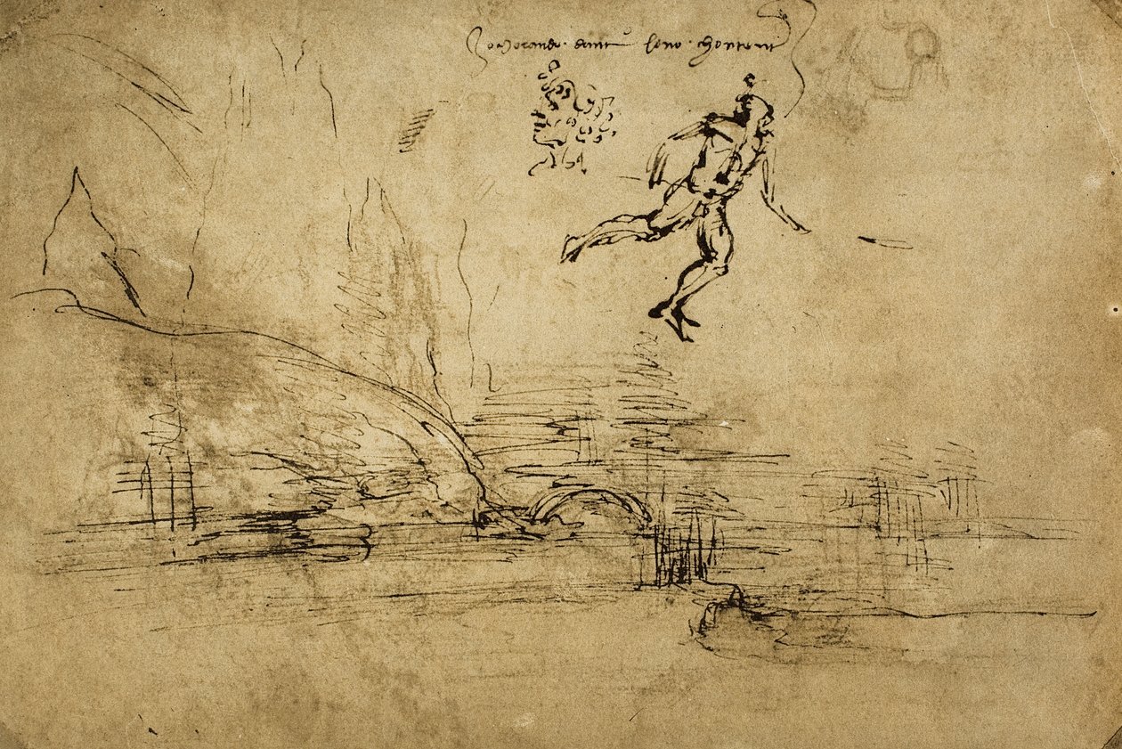 Zadní strana krajinářské kresby s postavou vojáka: perokresba Leonarda da Vinciho. Gabinetto dei Disegni e delle Stampe, Galerie Uffizi, Florencie od Leonardo da Vinci