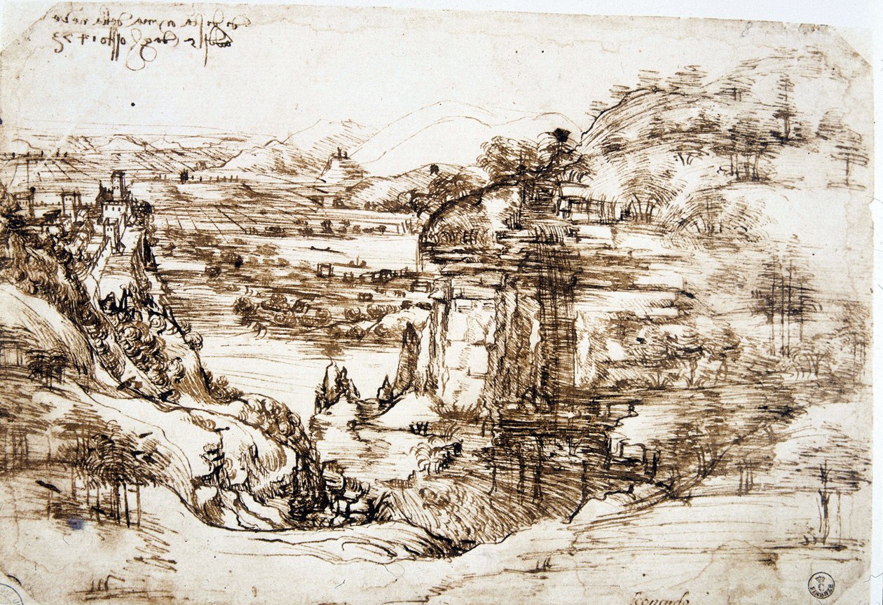 První známá kresba Leonarda de Vinci (Leonardo da Vinci) (1452-1519), „Krajina Santa Maria della Neve““: krajina údolí Arno poblíž Florencie. od Leonardo da Vinci