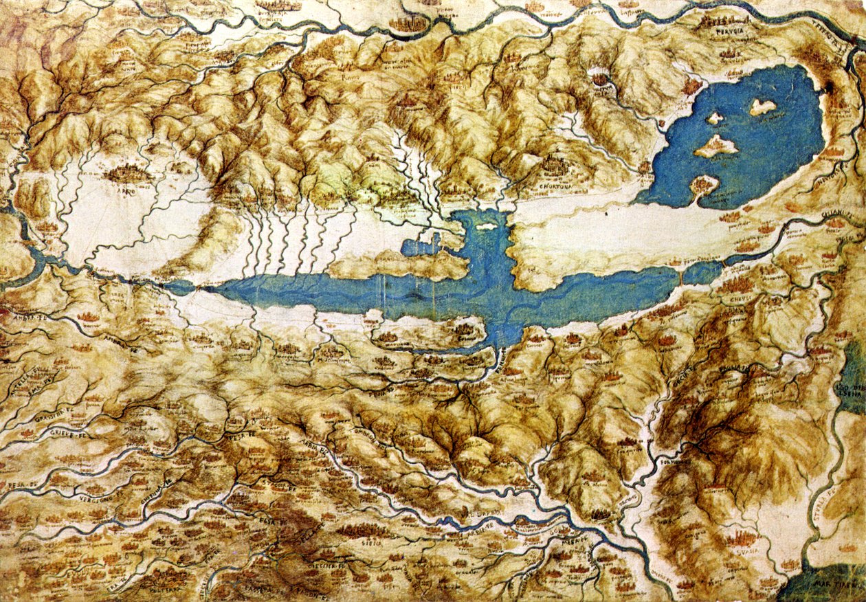Topografický pohled na krajinu kolem nížiny Arezzo a Val di Chiana, počátek 16. století od Leonardo da Vinci