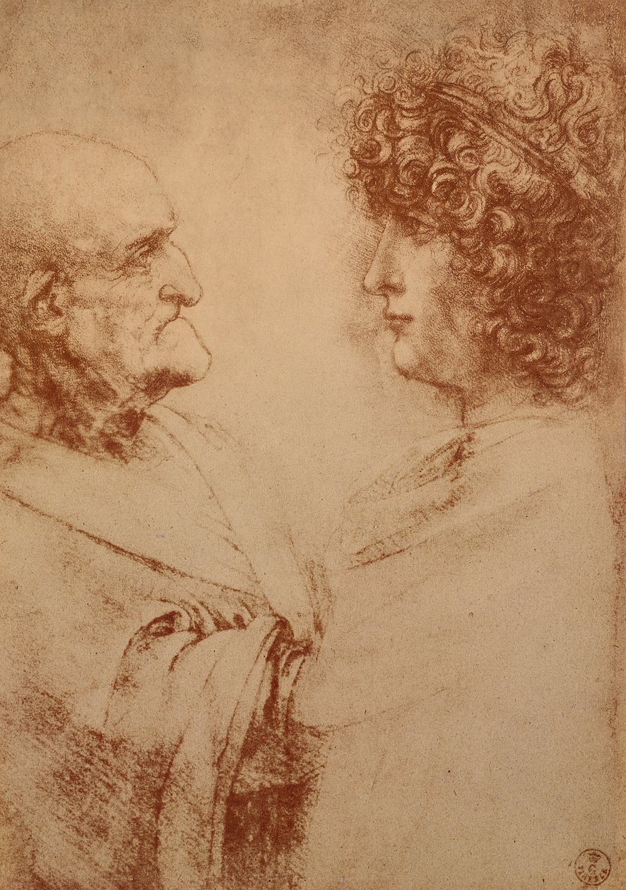 Dvě hlavy v profilu, cca 1500 (červená křída na papíře) od Leonardo da Vinci