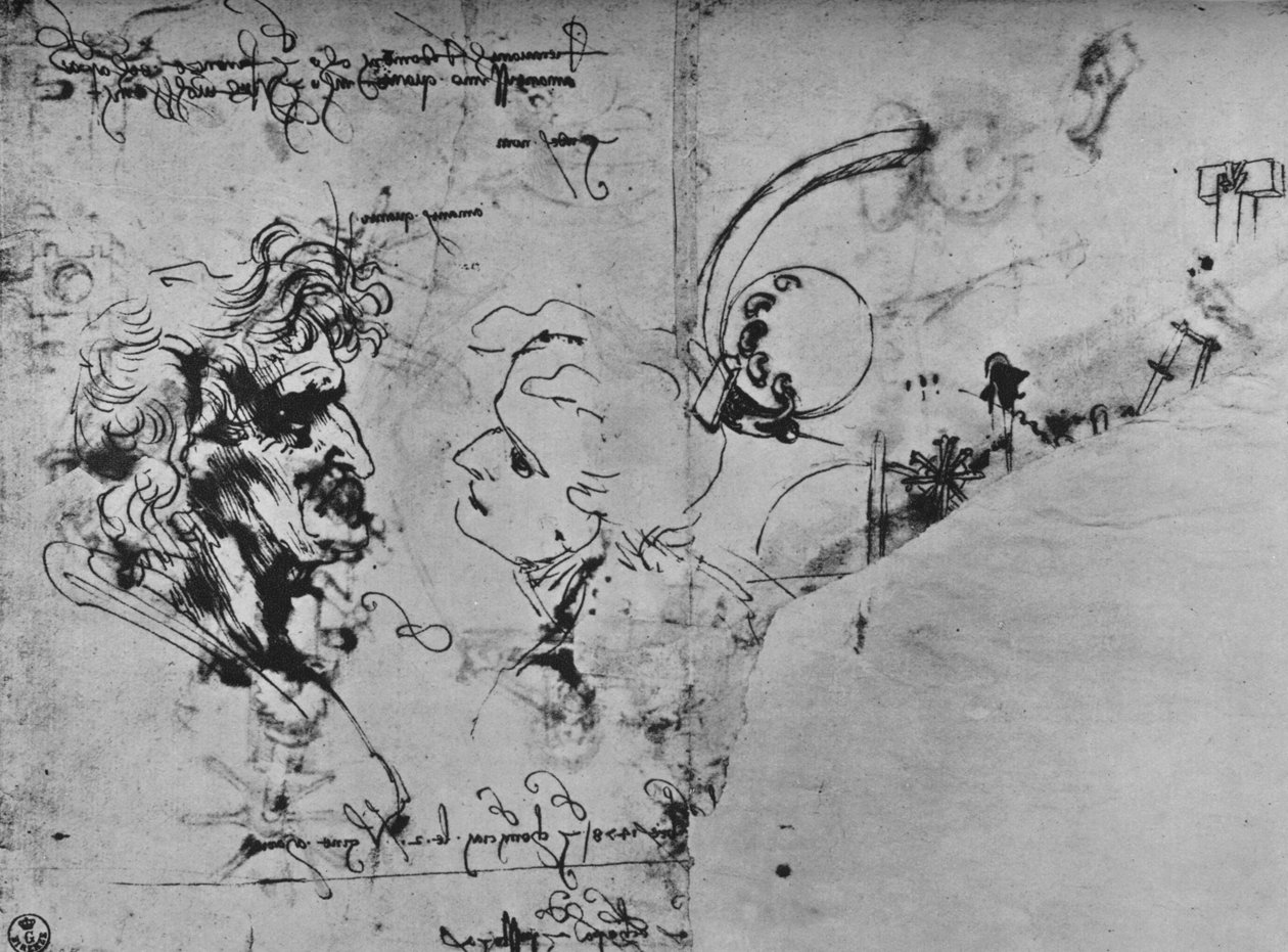Dva profily a studie strojů, c1480 1945 od Leonardo da Vinci
