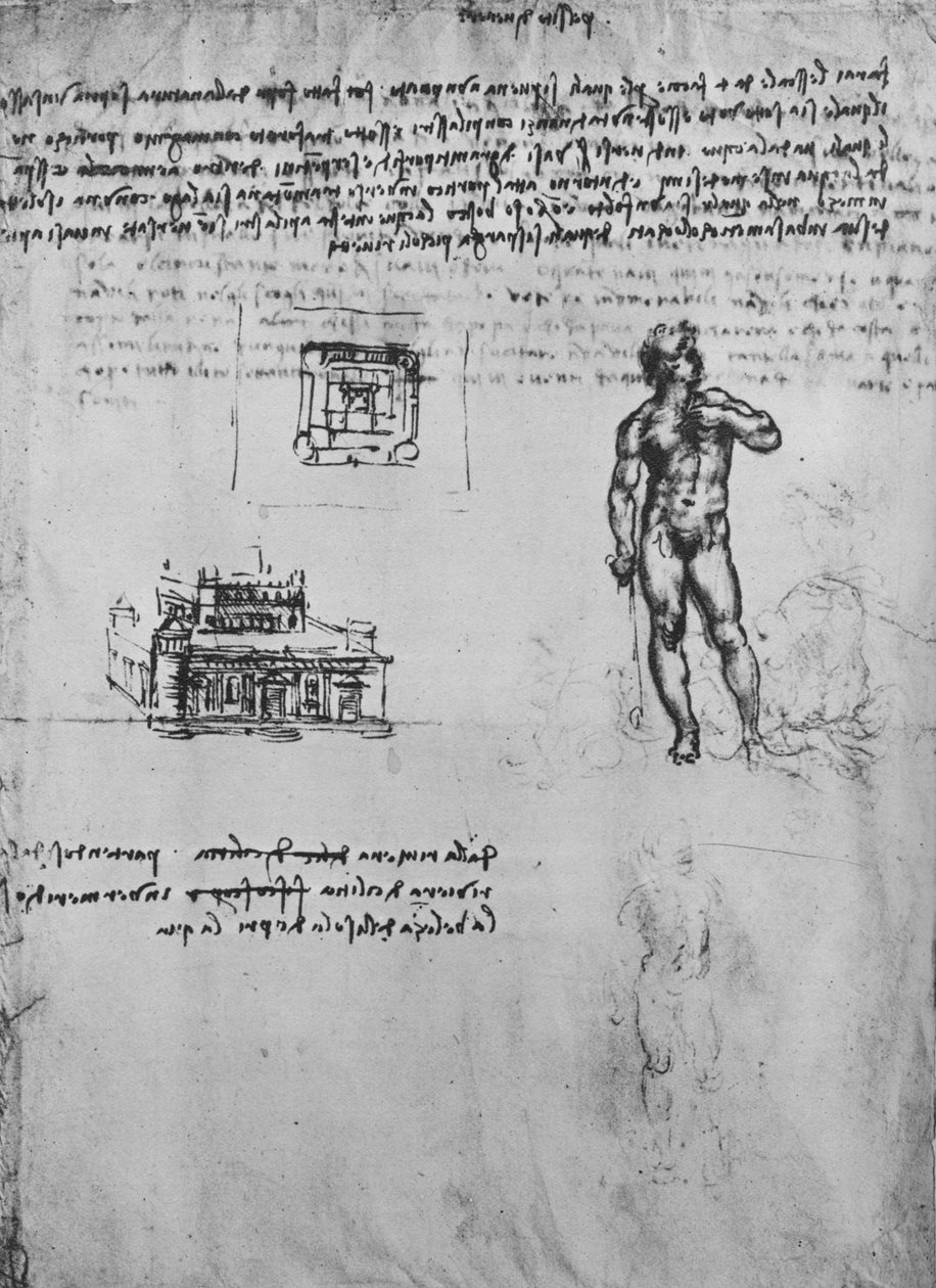 Dvě studie nahé postavy a pohled a plán budovy, c1480 1945 od Leonardo da Vinci