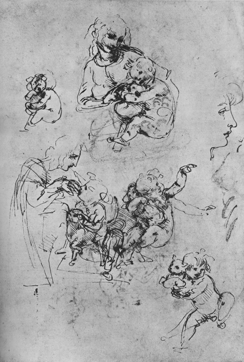 Dvě studie o Madoně a dítěti s kočkou a tři studie o dítěti, 1475-1481 1945 od Leonardo da Vinci
