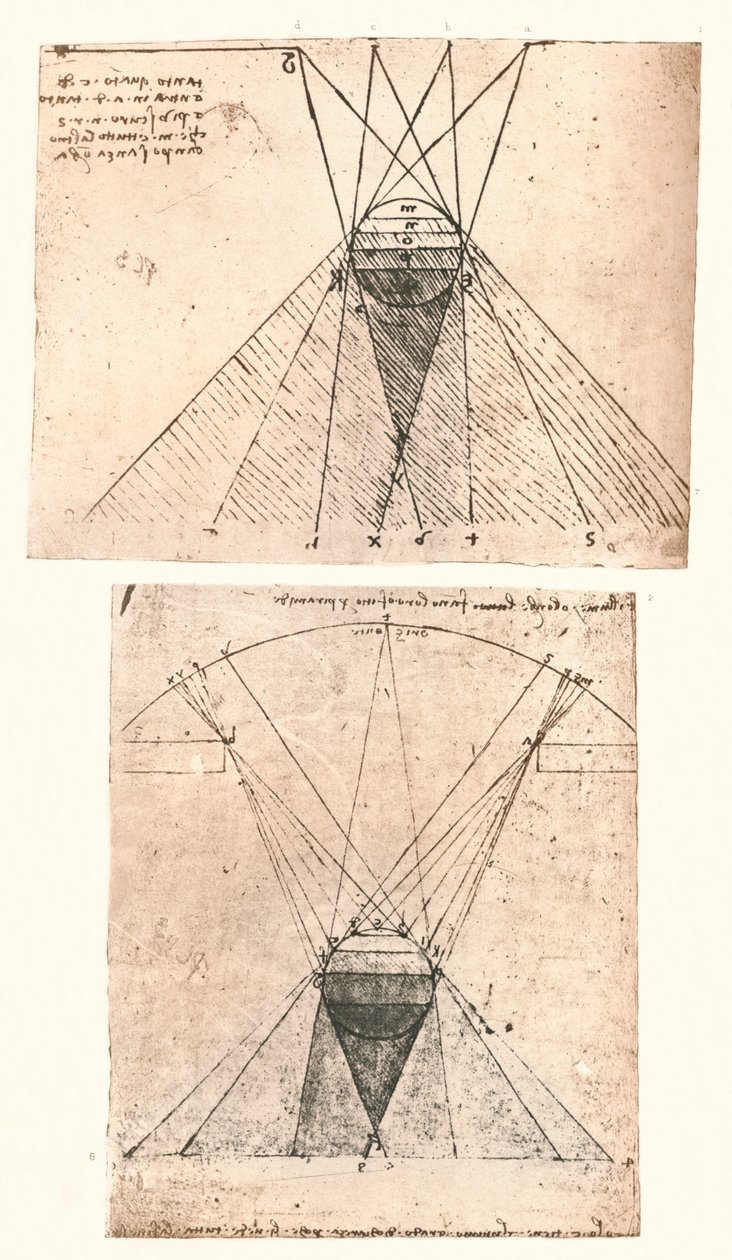 Dva diagramy ilustrující teorii světla a stínu, c1472-c1519 1883 od Leonardo da Vinci