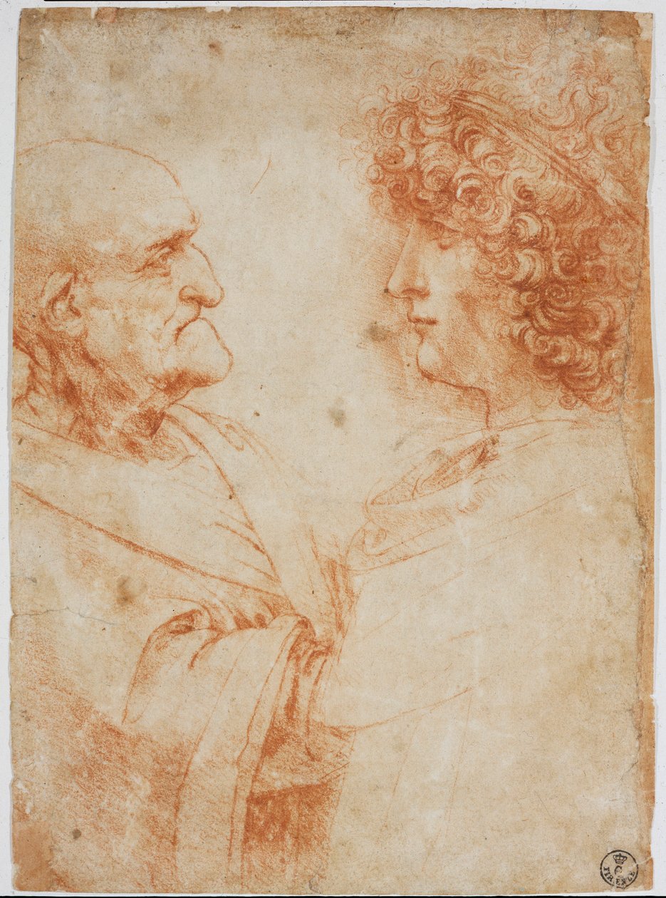 Dva mužské profily, starý muž a mladý muž - Mladý muž představuje Gian Giacomo Caprotti dit Andrea Salai neboli Salaij (asi 1480-1524), Leonardův žák a milenec - Kresba a la sanguine od Leonarda da Vinci (Leonard de Vinci) ( 1452-1519) - Florencie, G od Leonardo da Vinci