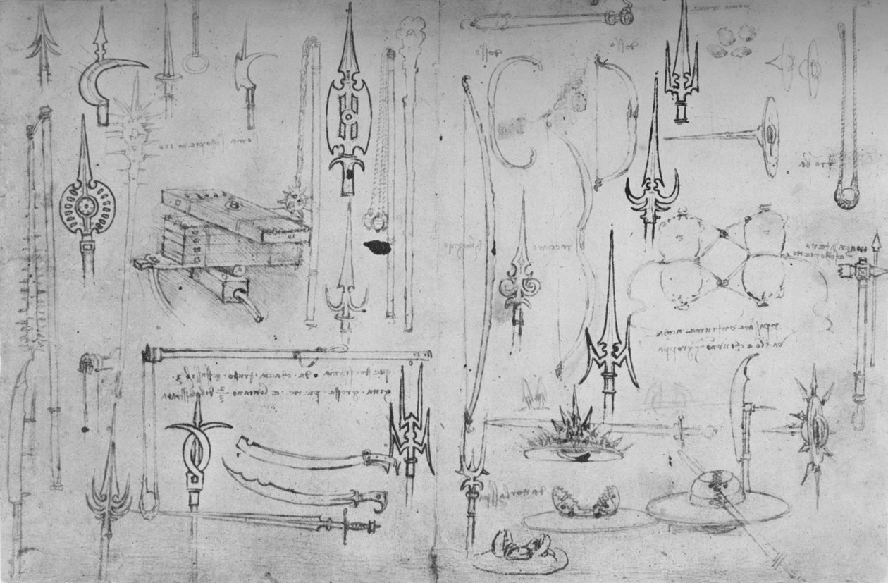 Různé zbraně útoku a obrany, c1480 1945 od Leonardo da Vinci