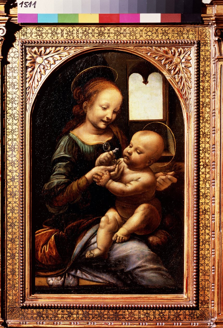 Panna a dítě s květinou nebo Madonna Benois (Madonna s květinou nebo Madonna Benois). Obraz Leonarda da Vinciho (Leonardo da Vinci od Leonardo da Vinci