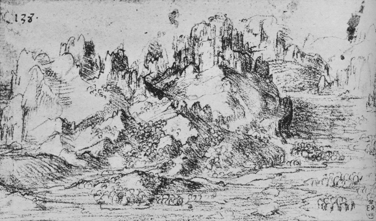 Pohled přes údolí s horami za, c1480 1945 od Leonardo da Vinci