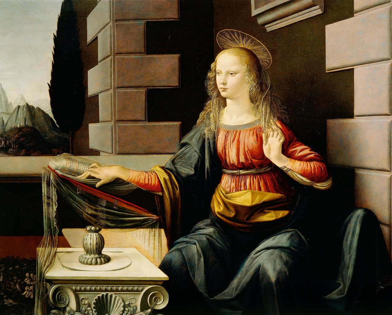 Panna Maria, detail ze Zvěstování, kolem 1475 (olej a tempera na dřevě) od Leonardo da Vinci