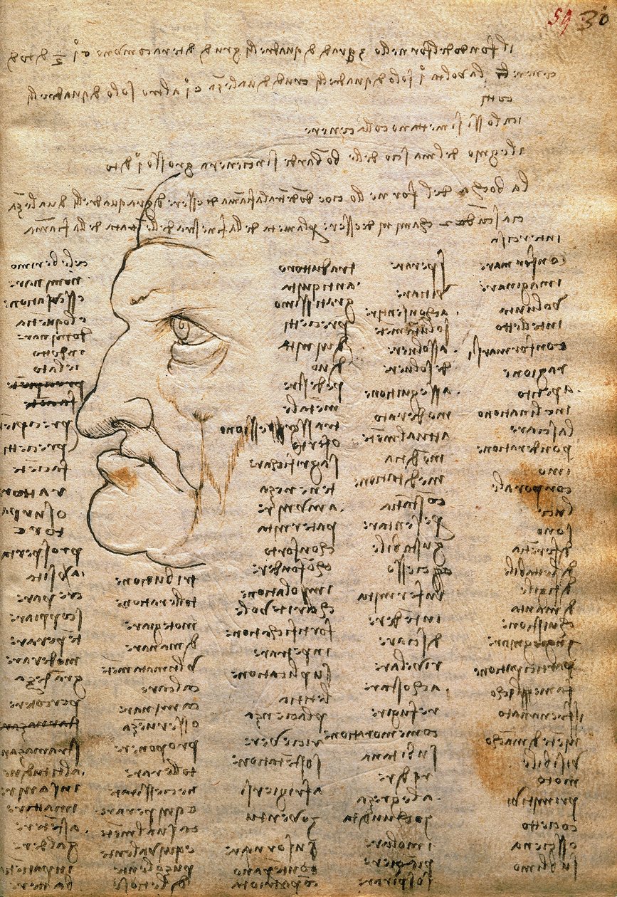 Seznam slov a mužský profil, od Codex Trivulzianus od Leonardo da Vinci