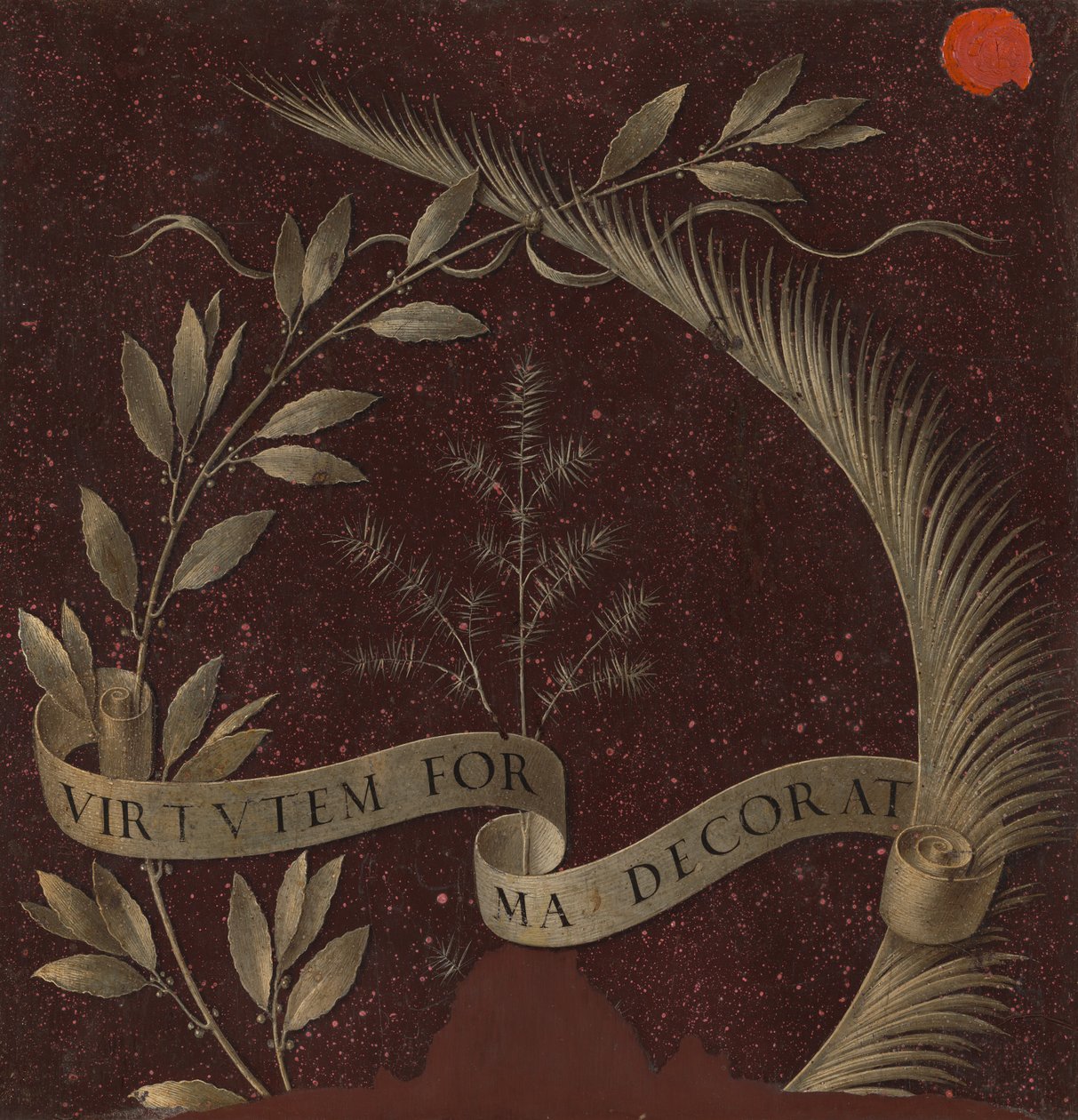 Věnec z vavřínu, palmy a jalovce se svitkem s nápisem Virtutem Forma Decorat [reverzní], c. 147 od Leonardo da Vinci