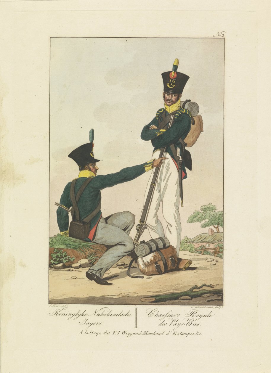 Dva lovci, 1814-1818 Koninglyke Nederlandsche Jagers / Chasseurs Royale des Pays-Bas (název na objektu) Sedm jednotných představení 1814-1818 (název seriálu) od Leonardus Schweickhardt