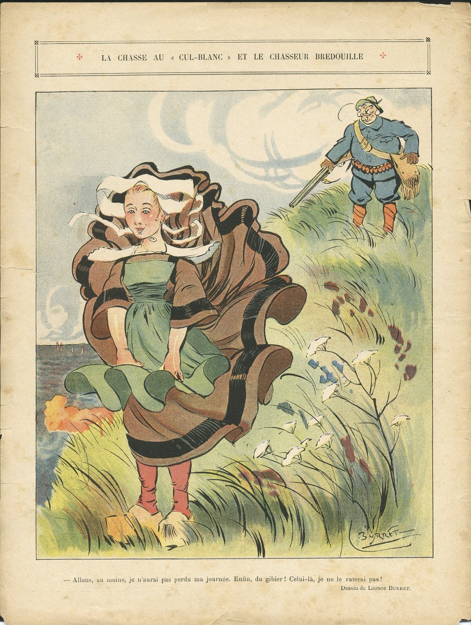 Ilustrace Leonce Burreta (1865-1915) v Le Rire, 03/09/10 - Hon na bílého cul-blanc a lovce figurín - Venkov, Volný čas, Přírodní vegetace, Lovecký lovec, Námořní Marine Balneaire - Rolníci, Farmáři od Leonce Burret