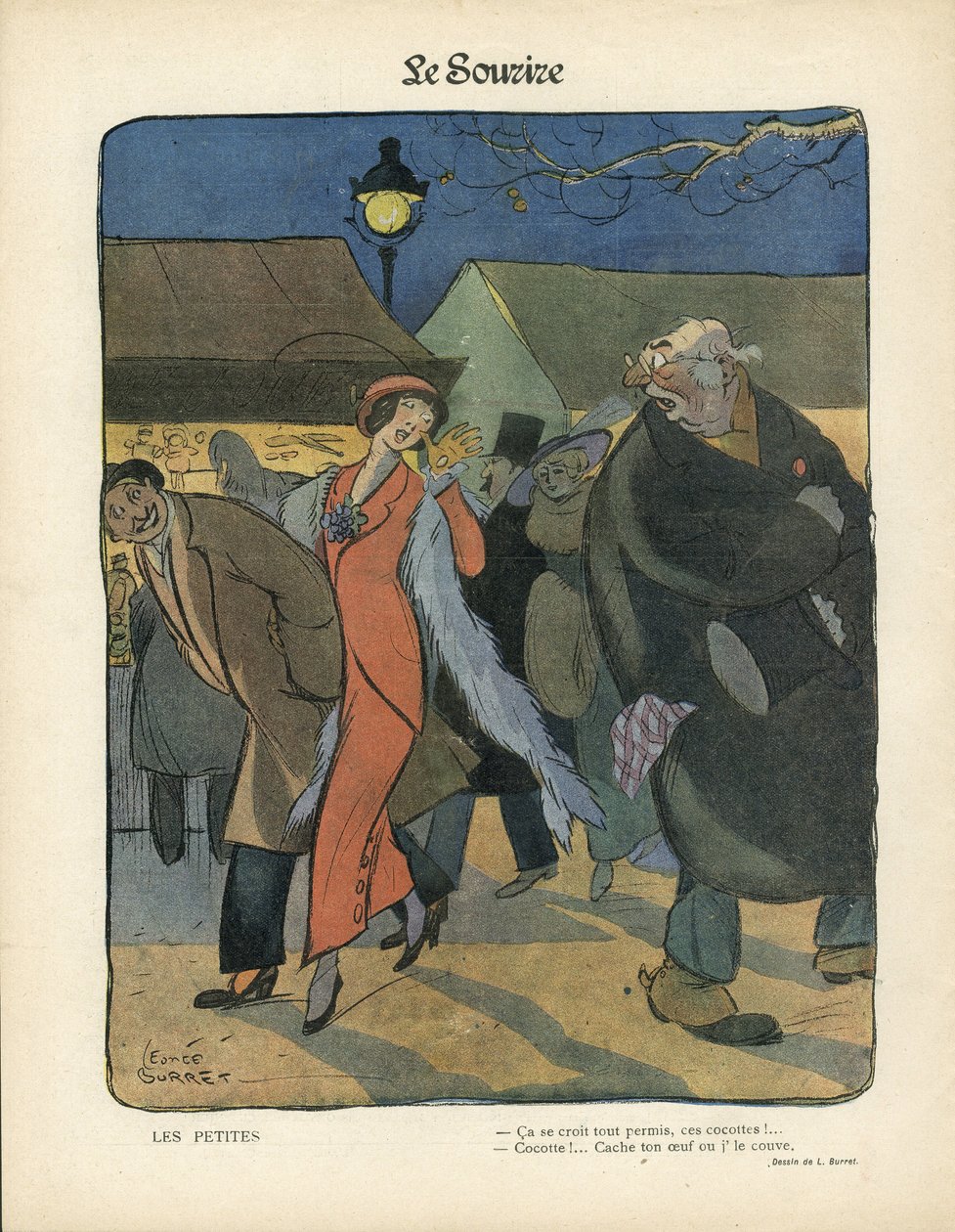 Ilustrace Leonce Burreta (1865-1915) v Le Smile, no. 4, 23/01/13 - Les petites - Nokturno, Prostituce, Papírové kastrolky, Stojací lampa, Kožešina od Leonce Burret
