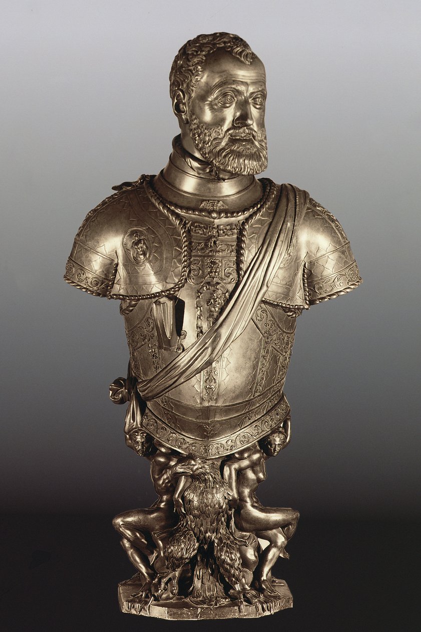 Portrétní busta císaře Svaté říše římské Karla V. (1500-58) (bronz) od Leone Leoni
