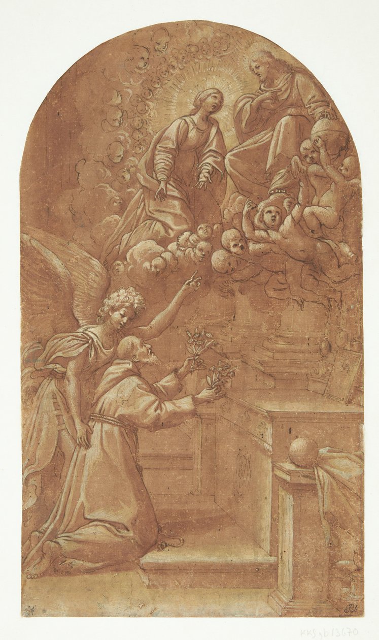 Klečící františkán (Frans of Assisi?), podepřený andělem, natahuje oběma rukama květiny směrem k trůnícímu Kristu, který je zobrazen neseného anděly as Marií přimlouvající se po jeho boku od Leonello Spada