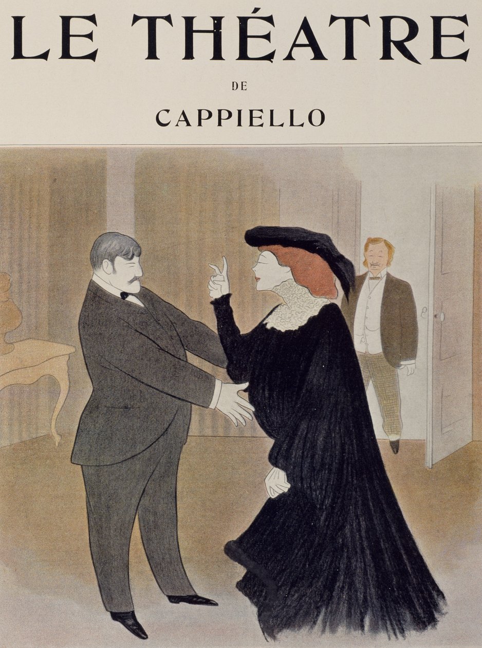 Herci Lucien Quitry a Jane Harding ve scéně z La Chatelaine, uvedení v renesančním divadle v Paříži, kresba Leonetto Cappiello (1875-1942), titulní strana časopisu Theatre, duben 1903 od Leonetto Cappiello