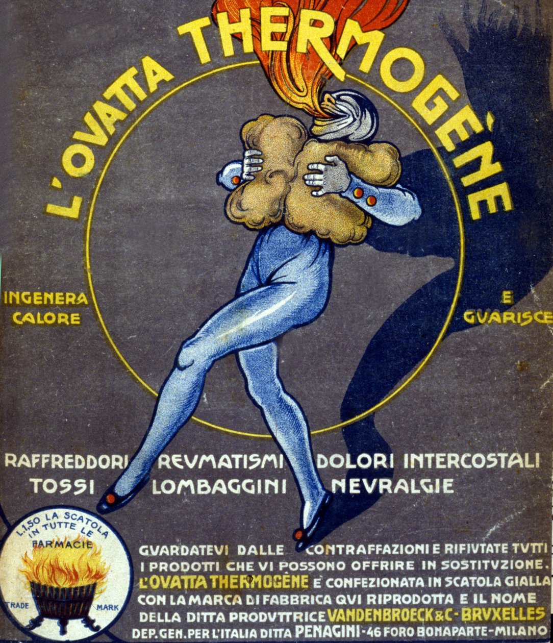 Reklama na termogenní vatu léčící nachlazení, vnitřní bolesti, revmatismus, kašel, neuralgii a lumbago. Kresba L. Cappiello (1875 - 1942) Itálie, 20. století. od Leonetto Cappiello