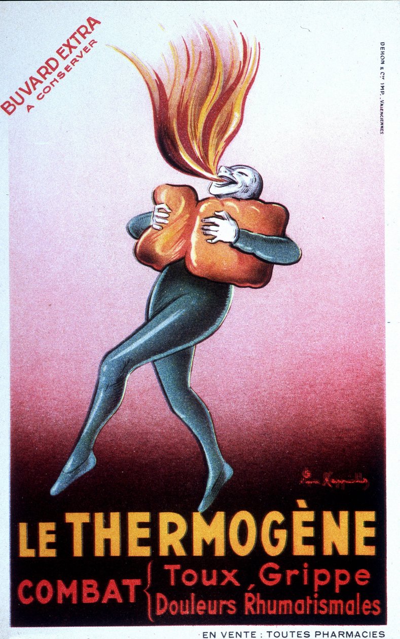 Reklama na termogenní vatu léčící nachlazení, mezižeberní bolesti, revmatismus, kašel, neuralgii a lumbago. Francouzský Bouvard. počátku 20. století od Leonetto Cappiello