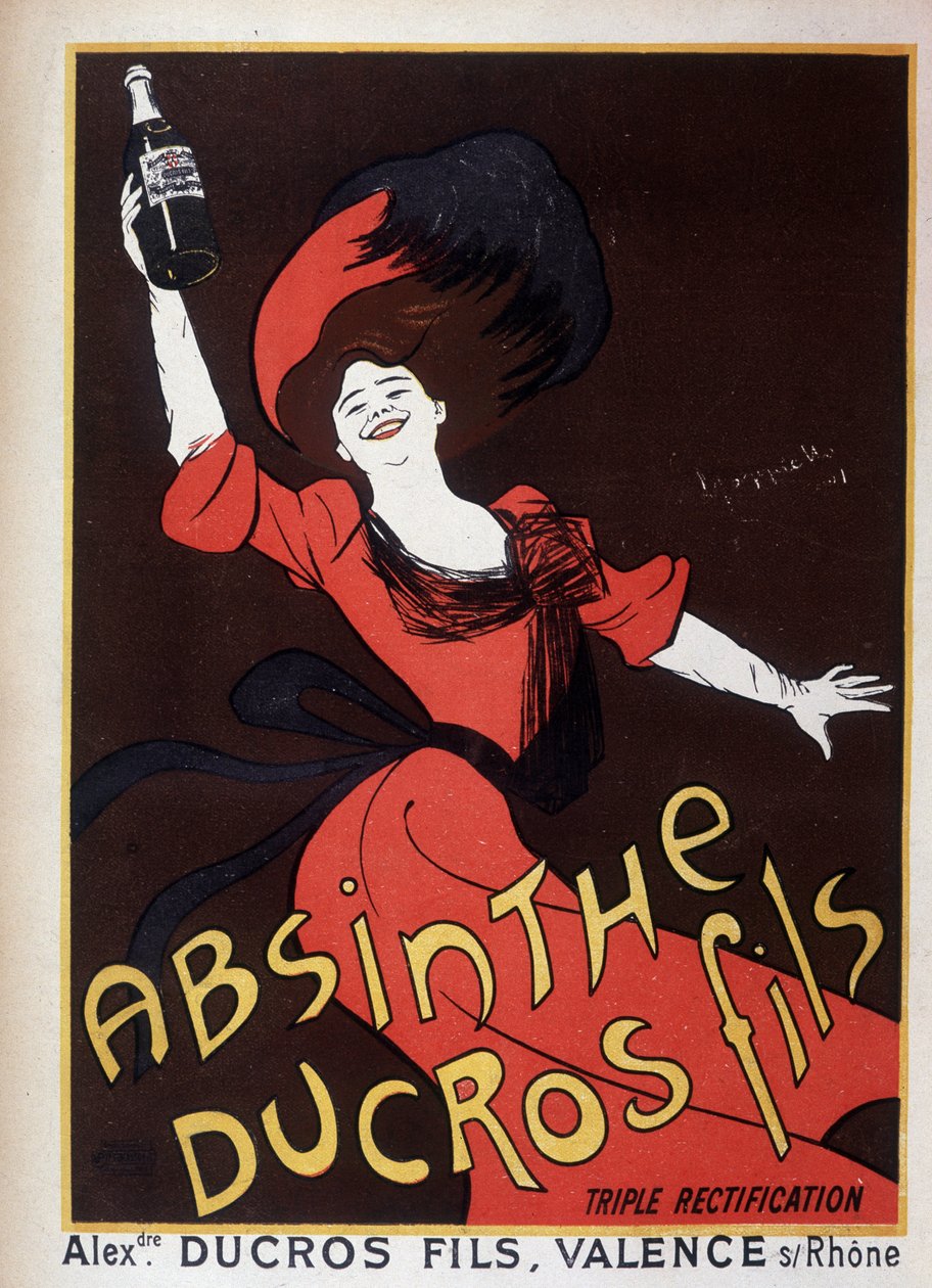 Reklama na pelyněk Ducros (žena mává lahví) od Leonetto Cappiello