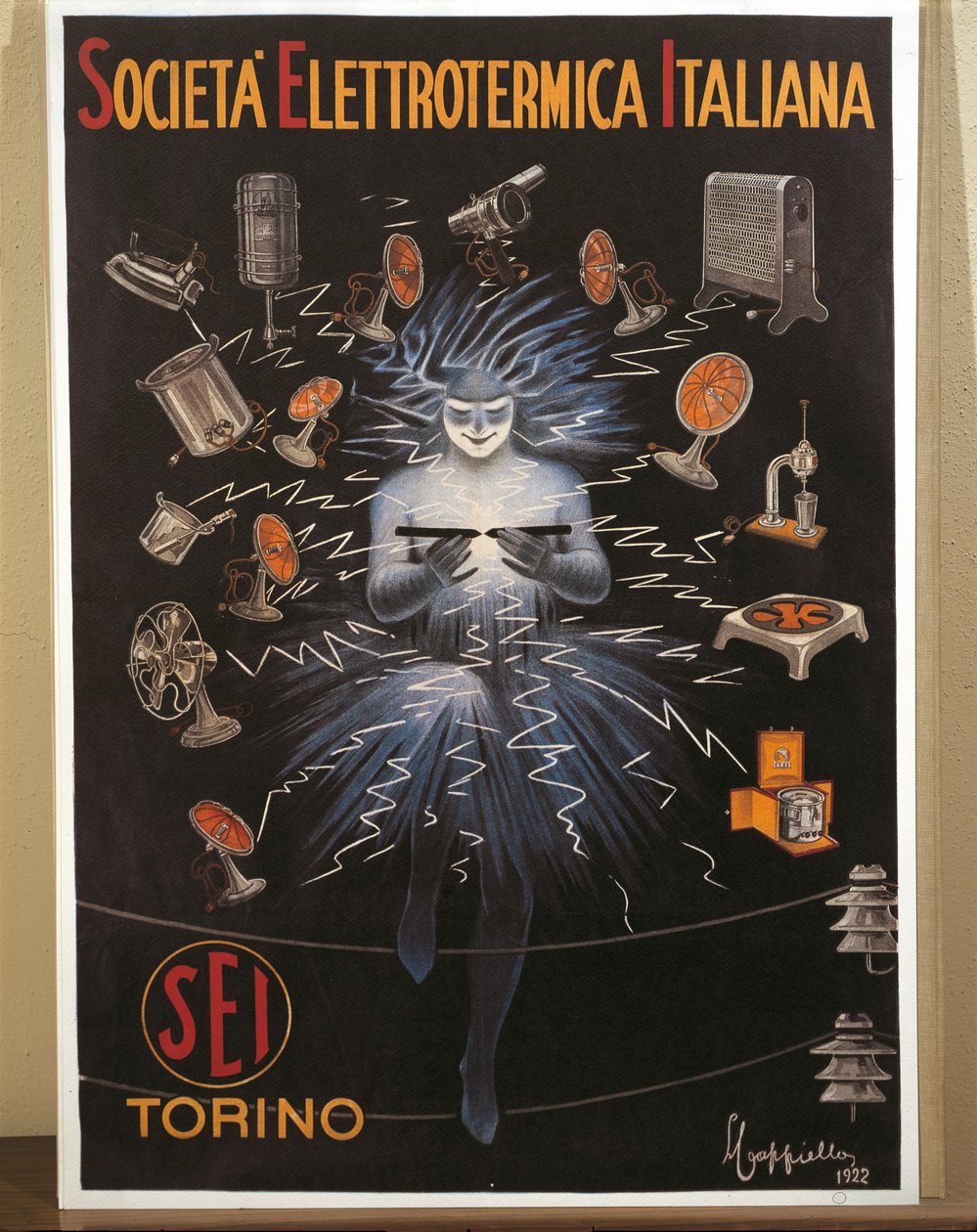 Barevná litografie od Leonetta Cappiella, SEI, reklamní plakát společnosti Electroheat Italian Company od Leonetto Cappiello