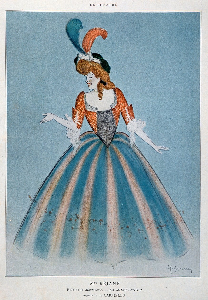 Komička Gabrielle Charlotte Reyu zvaná Rejane (1856-1920) v roli Montansiera. Akvarel od Leonetta Cappiella (1875-1942) Paříž, dekorativní umění od Leonetto Cappiello