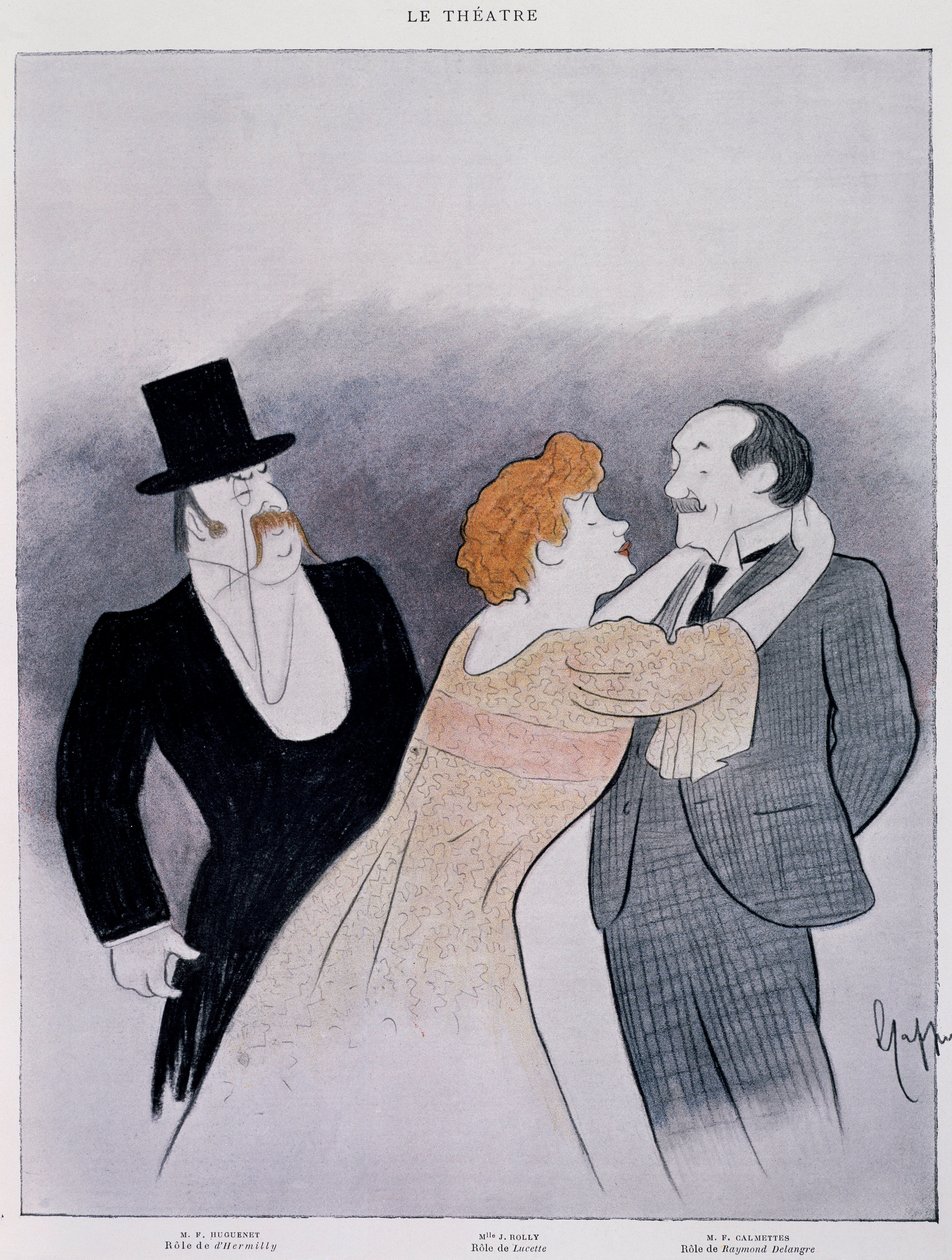 Kresba ze hry "le Secret de Polichinelle" od Pierra Wolffa - úryvek z časopisu Le Theater od Leonetto Cappiello