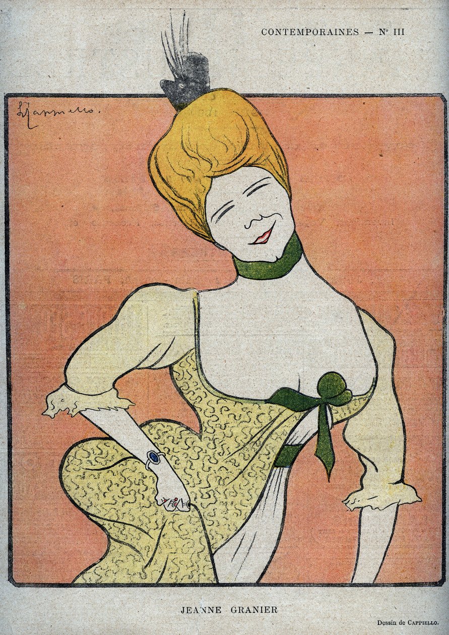 Portrét francouzské komičky Jeanne Granier (1852-1939) - kresba Leonetta Cappiella (1875-1942) ve filmu „The Rire“““ z roku 1898 od Leonetto Cappiello