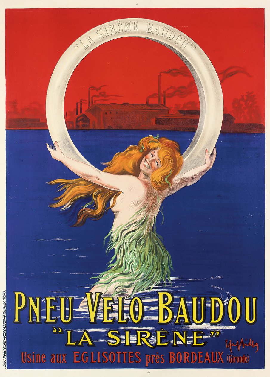 Plakátová reklama "La Sirene" cyklistické pneumatiky vyrobené Pneu Velo Baudou, kolem roku 1920 od Leonetto Cappiello