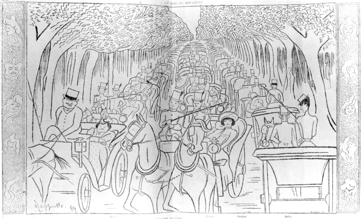 Hvězdy jeviště, Music Hall a opery éry Belle Epoque, jízda v Bois de Boulogne, Avenue des Acacias, Paříž, vtipná karikatura z časopisu 