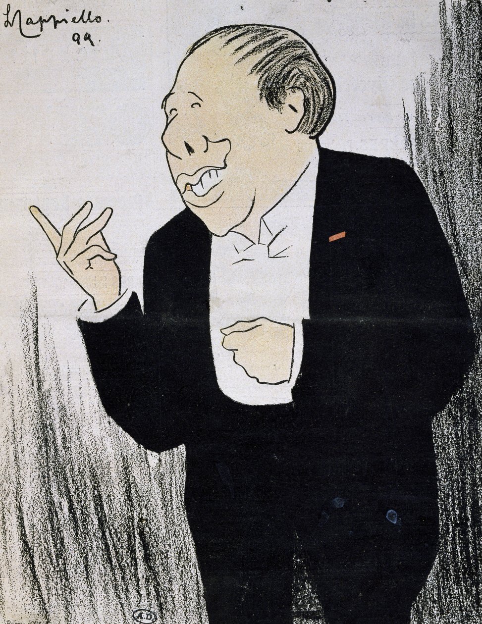 Herec Alexandre Coquelin, známý jako Coquelin Cadet (1848-1909) v karikatuře od Leonetto Cappiello