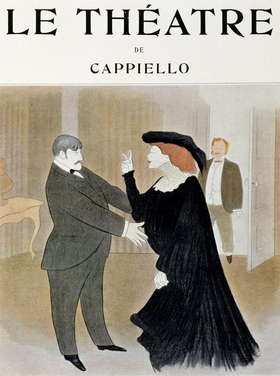 Herci Lucien Guitry (1860-1925) a Jane Harding ve scéně z La Chatelaine, uvedené v renesančním divadle v Paříži - titulní strana časopisu Theatre, duben 1903, Paříž (Tisk) od Leonetto Cappiello
