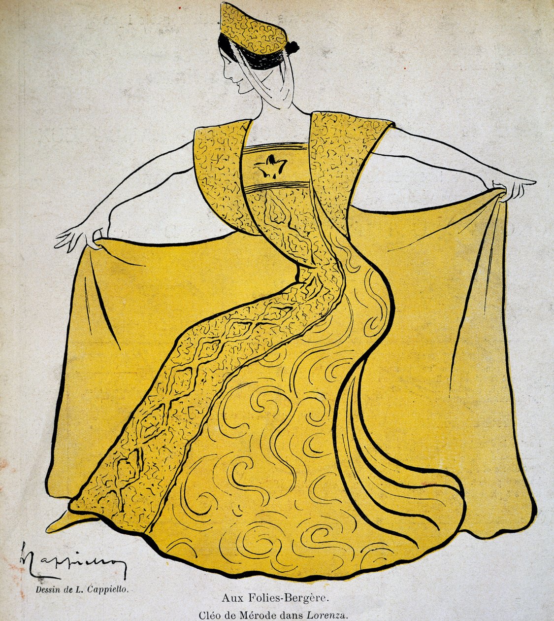 Tanečnice Cleo v baletní pantomimě Lorenza ve Folies Bergere od Leonetto Cappiello