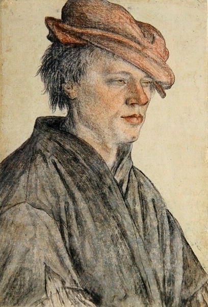 Portrét mladého muže v čepici a otočený doprava, cca 1500-42 (křída a mytí na papíře) od Leonhard Beck