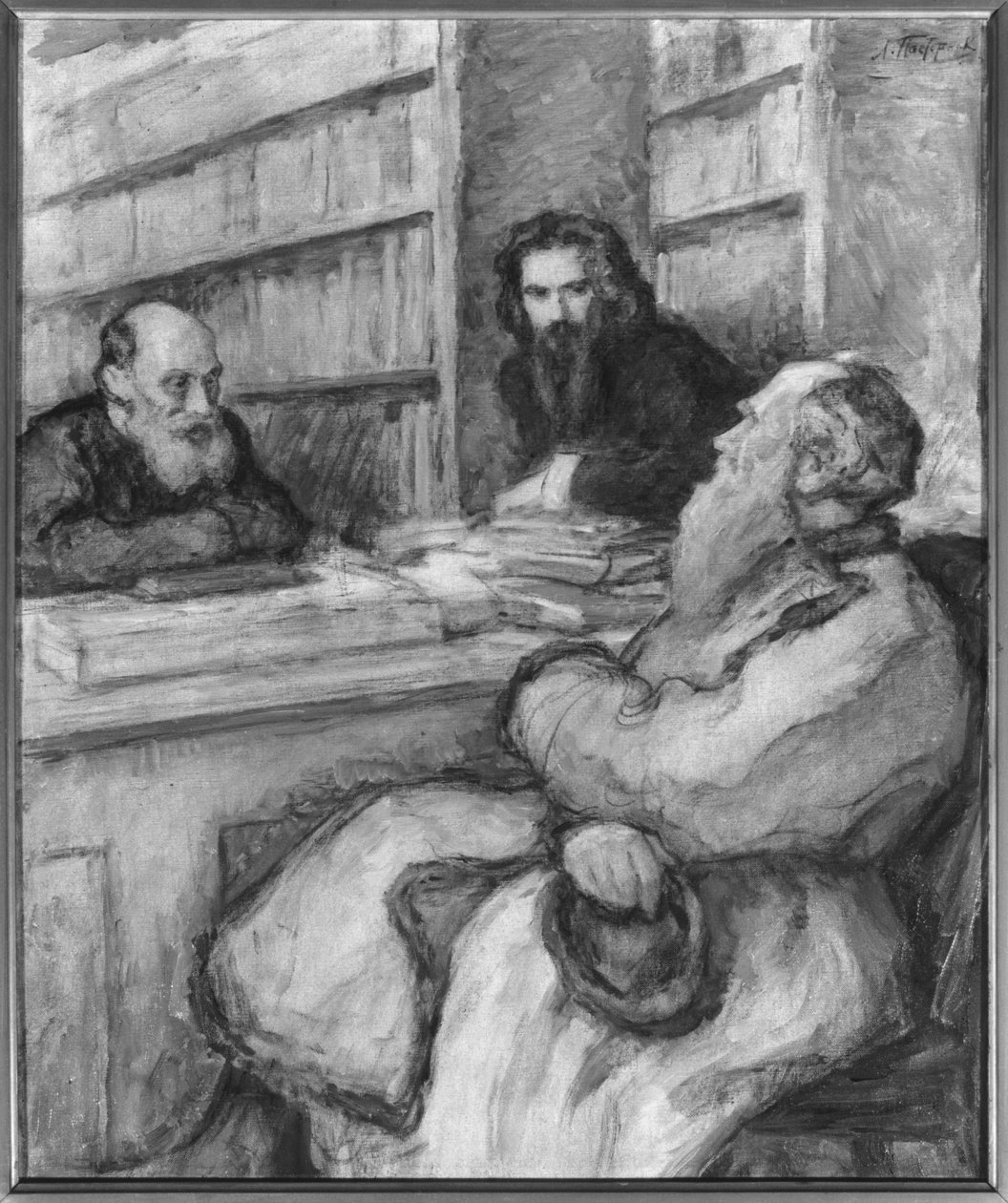 Lev Tolstoj s Nicolasem Fedorovem a Vladimírem Solovjovem, ruskými filosofy od Leonid Osipovic Pasternak