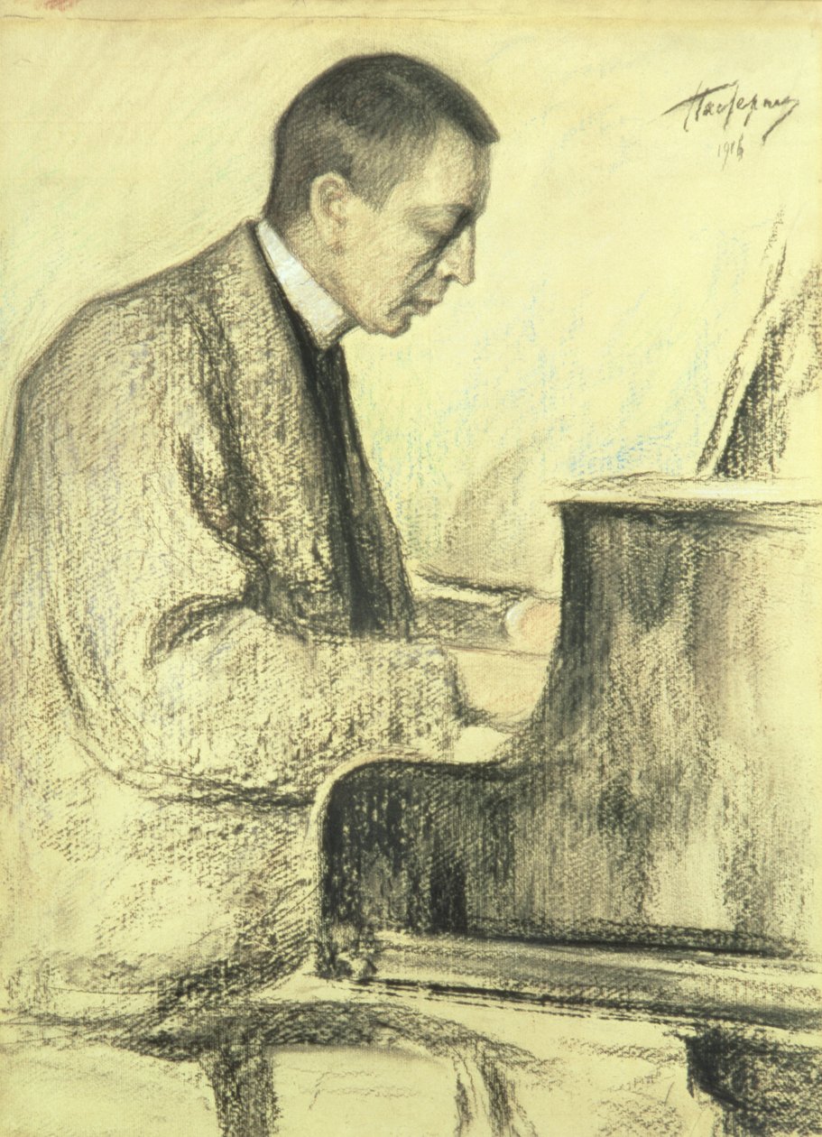 Portrét Sergeje Vasilieviče Rachmaninova (1873-1943) u klavíru, 1916 (pastel na papíře) od Leonid Osipovic Pasternak