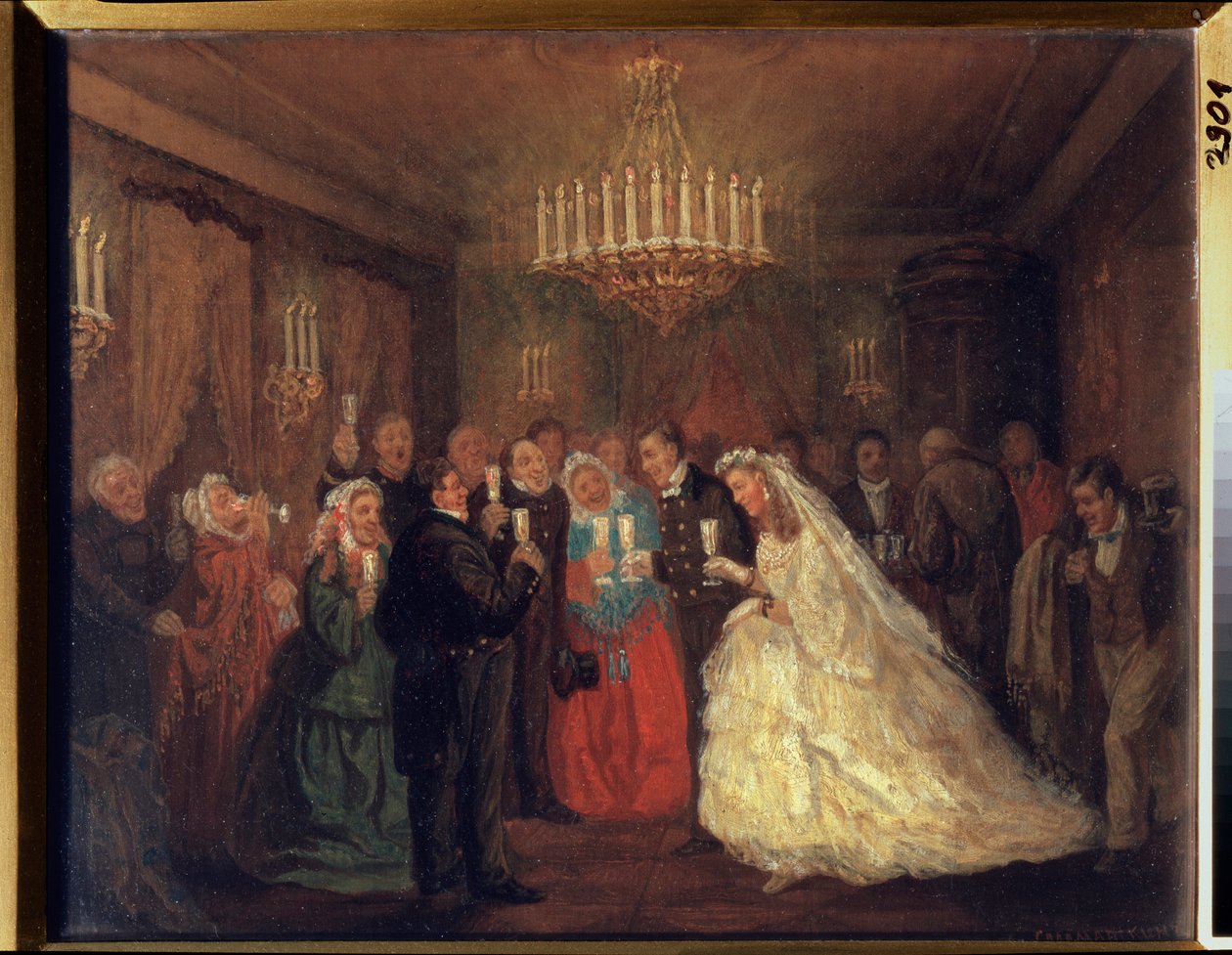 Svatba. (Svatebčané cinkají skleničkami kolem novomanželů.) Obraz Leonida Ivanoviče Solomatkina (1837-1883), olej na plátně od Leonid Ivanovich Solomatkin