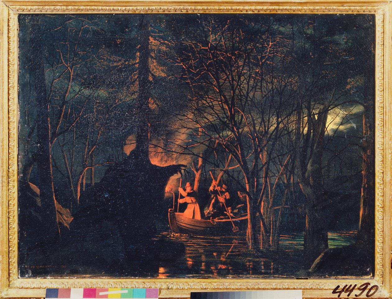 Noční lov oštěpem. Obraz Leonida Ivanoviče Solomatkina (1837-1883), olej na plátně od Leonid Ivanovich Solomatkin