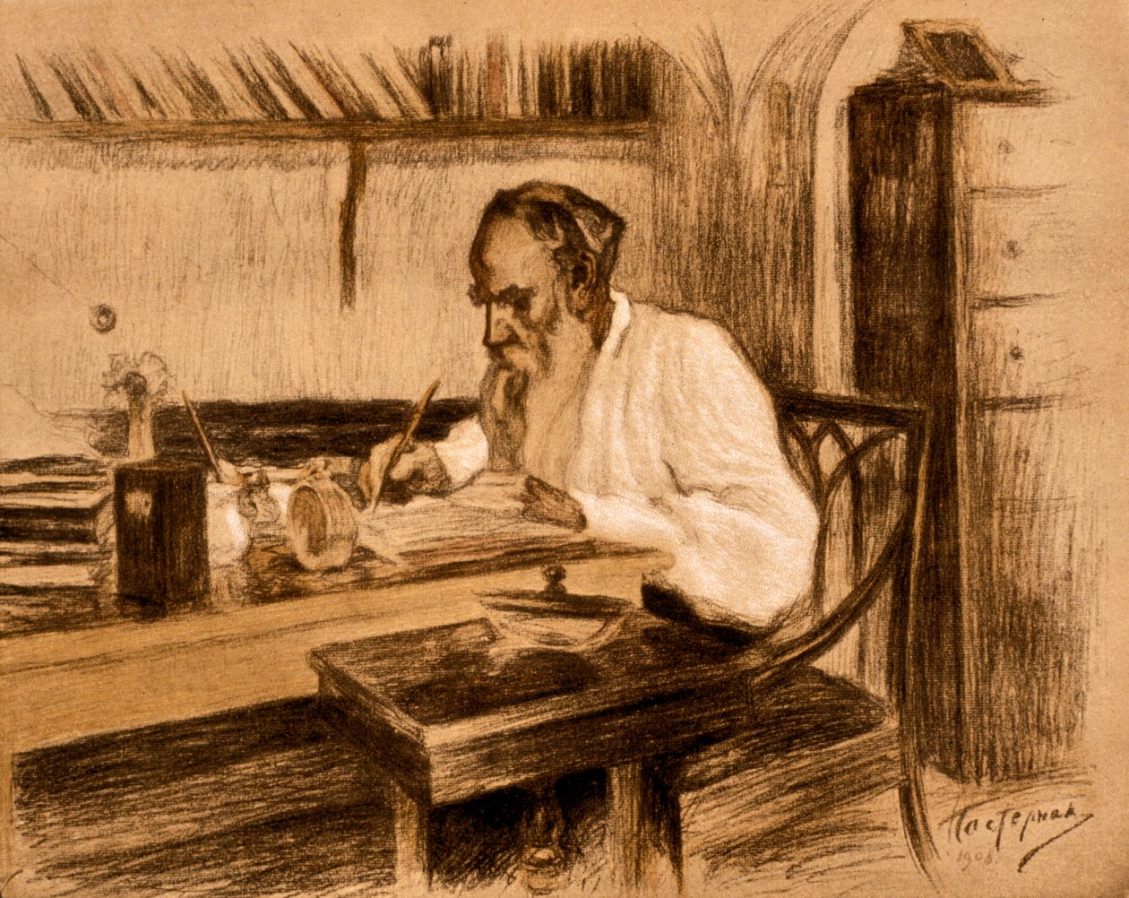 Hrabě Lev Tolstoj ve své pracovně. 1908 (litografie) od Leonid Osipovic Pasternak