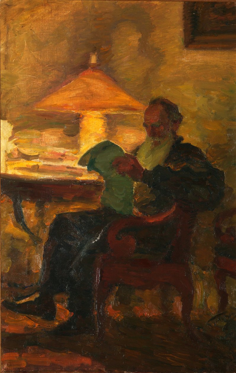 Lev Tolstoj s novinami, 1901 od Leonid Osipovic Pasternak