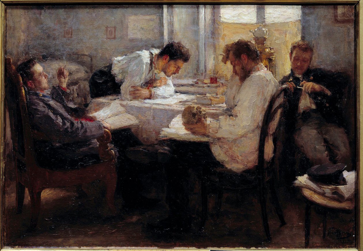 V předvečer zkoušky Studenti kontrolují zkoušky. Obraz Leonida Osipoviče Pasternaca (1862-1945) 1895 Ne. 0,39x0,55 m Paříž, musee d