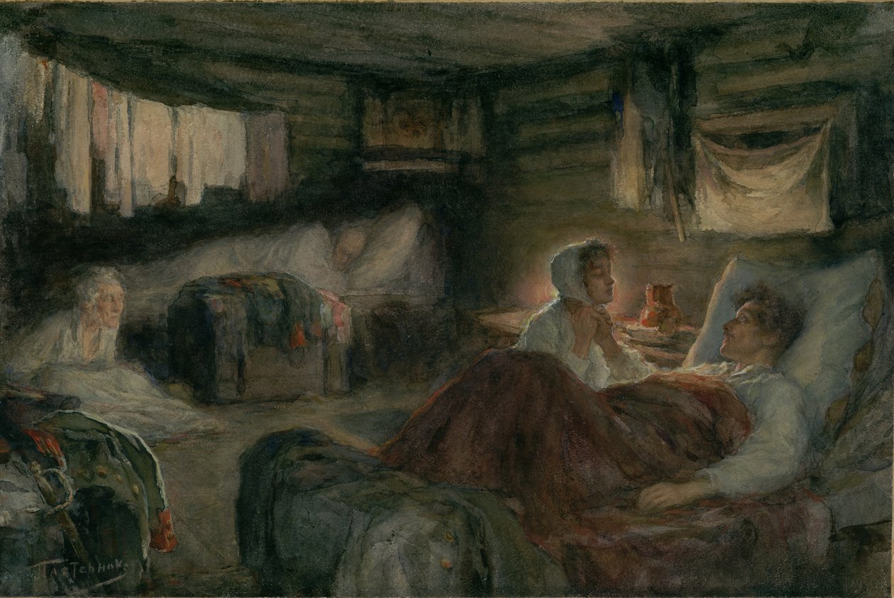 Nataša a zraněný princ Andrei v Mytišči. Ilustrace k románu Vojna a mír, 1893. od Leonid Osipovich Pasternak