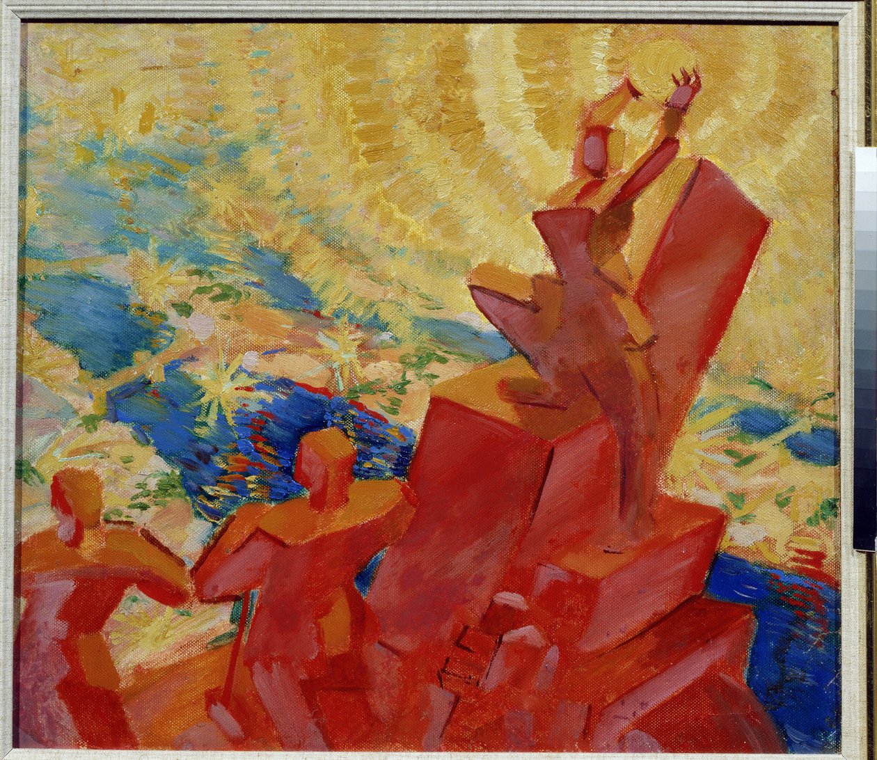 Na slunci (Na slunce). Barevná krajina s jednou z postav držících v rukou slunce. Obraz Leonida Terentleviče Čupjatova (1890-1941). Olej na plátně od Leonid Terentlevich Chupyatov