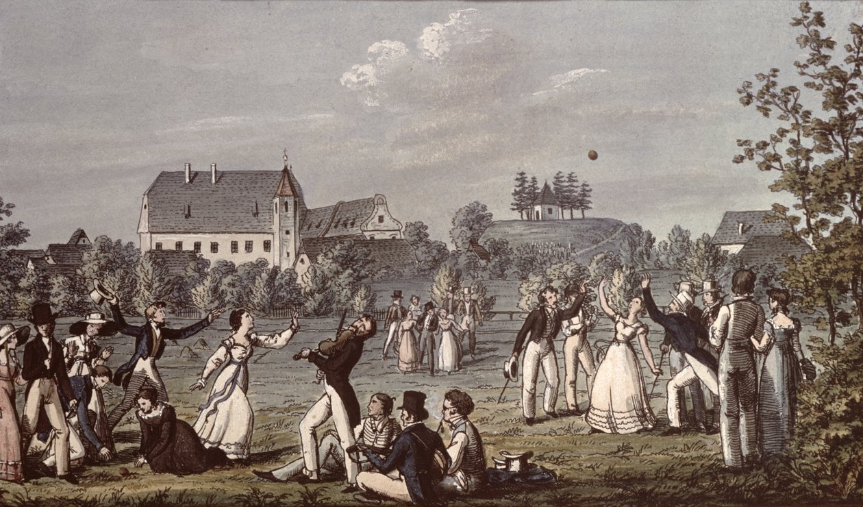 Míčové hry v Atzenbruggu s Franzem Schubertem (1797-1828) a přáteli sedícími v popředí (pero a inkoust a wc na papíře) od Leopold Kupelwieser