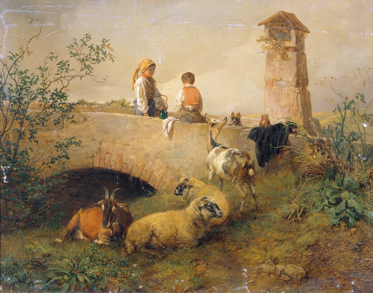 Chlapec a dívka s ovcemi a kozami od Leopold Brunner d. J.