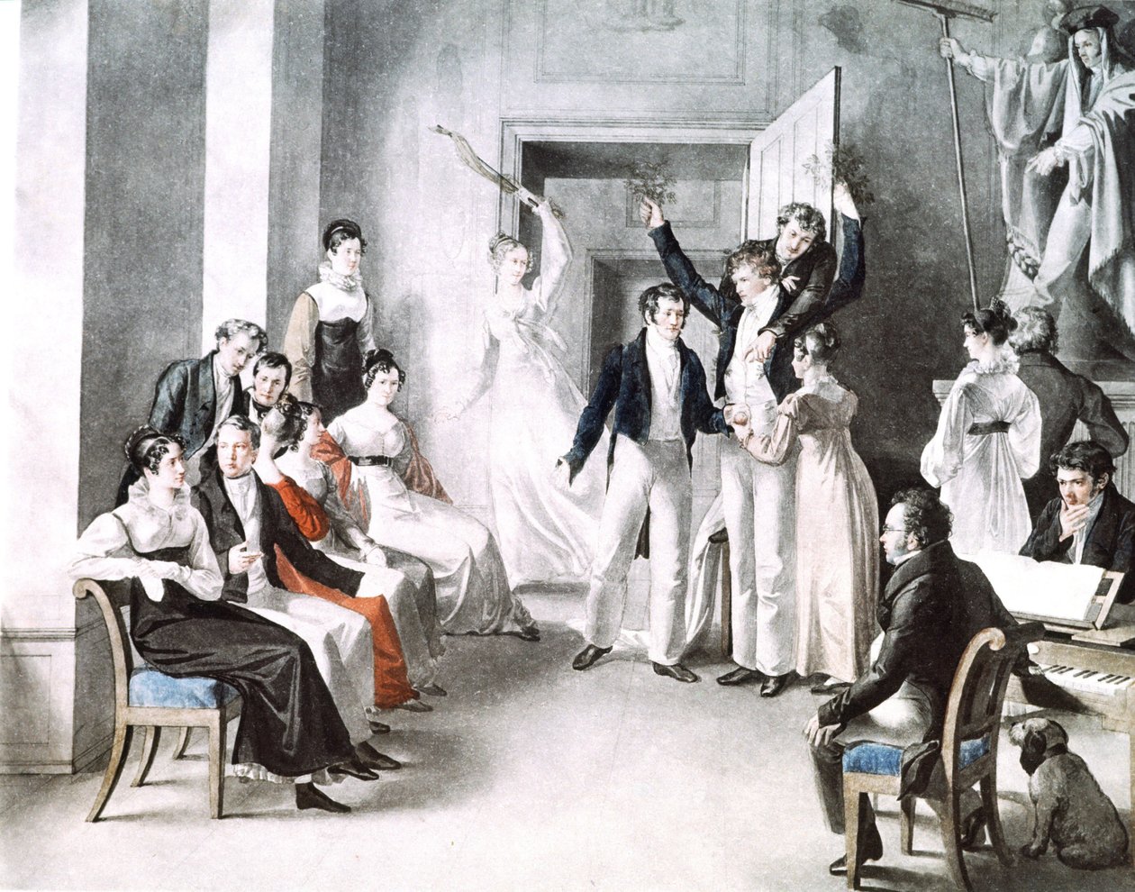 Hudební setkání Schubertianů. Schubert sedí v křesle vpravo. Akvarel z Kupelniesen od Leopold Kupelwieser