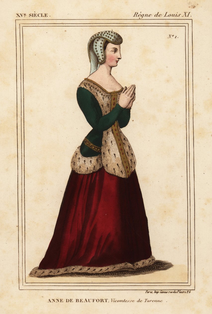 Anne Rogier de Beaufort, vikomtesa de Turenne 1435-1479. Ručně kolorovaná litografie podle okna z nerezového skla v kostele Cordelieres de Nantes v portfoliu Rogera de Gaignieres VI 11 od Le Bibliophile Jacoba aka Paula Lacroix