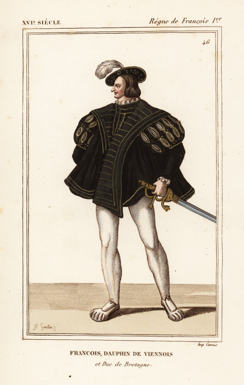 František III., vévoda bretaňský 1518-1536. Francois, vídeňský delfín a vévoda z Bretaně. Ručně kolorovaná litografie J.B. Gautier po portrétu v portfoliu Rogera de Gaignièrese VIII 14 z Le Bibliophile Jacob aka Paul Lacroix