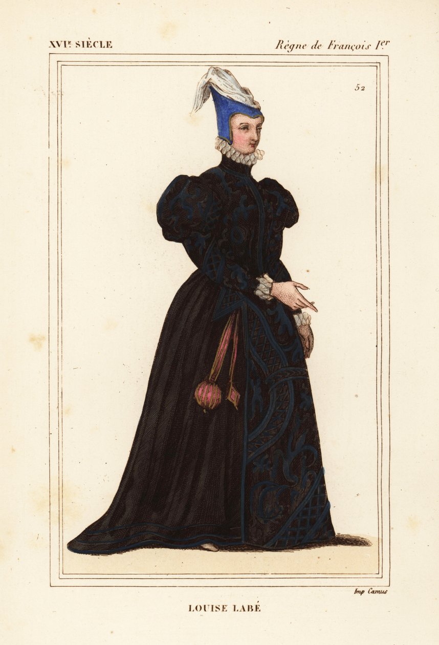 Louise Labe, La Belle Cordiere, francouzská básnířka 1526-1566. Hudebnice, jezdkyně, lukostřelkyně, šermířka a jazykovědkyně. Ručně kolorovaná litografie podle portrétu v portfoliu Rogera de Gaignieres VIII 82 z knihy Le Bibliophile Jacob alias Paul Lacroi od Leopold Massard
